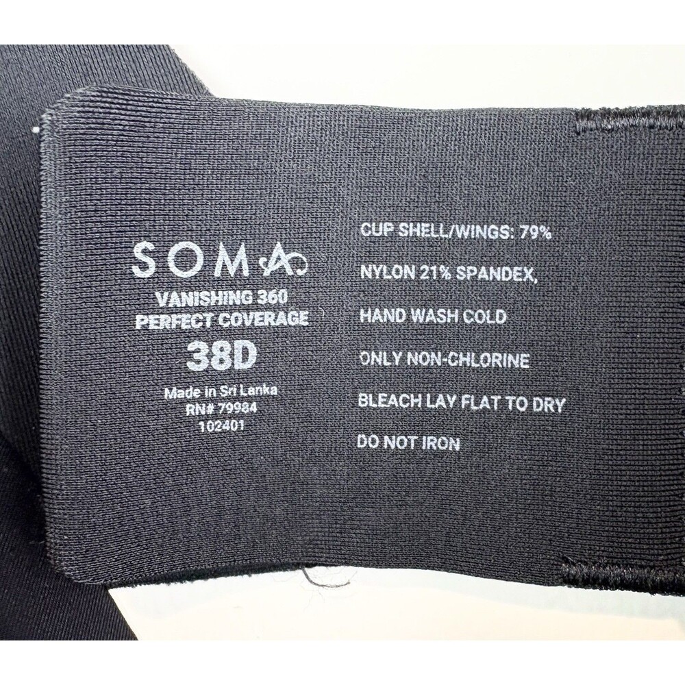 Soma Vanishing 360 Perfect Coverage Bra 38D Black Underwire Molded Cups - Picture 2 of 6